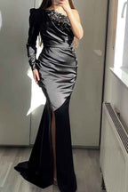 Long Sleeve Mermaid Split One Shoulder Prom Dress With Beading
