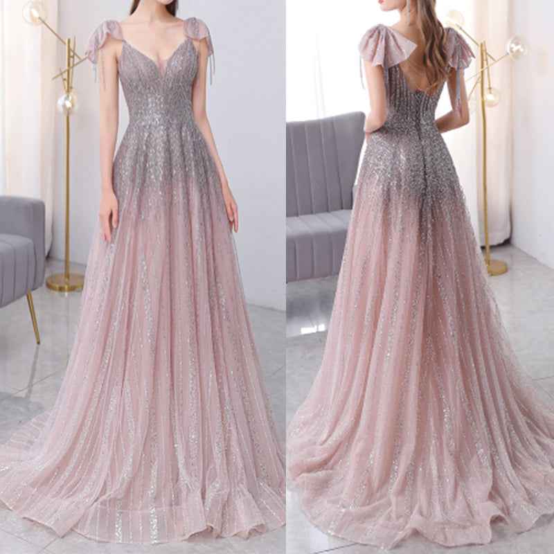 Elegant Pink And Grey A Line Prom Dress With Sequins Sleeveless