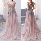 Elegant Pink And Grey A Line Prom Dress With Sequins Sleeveless