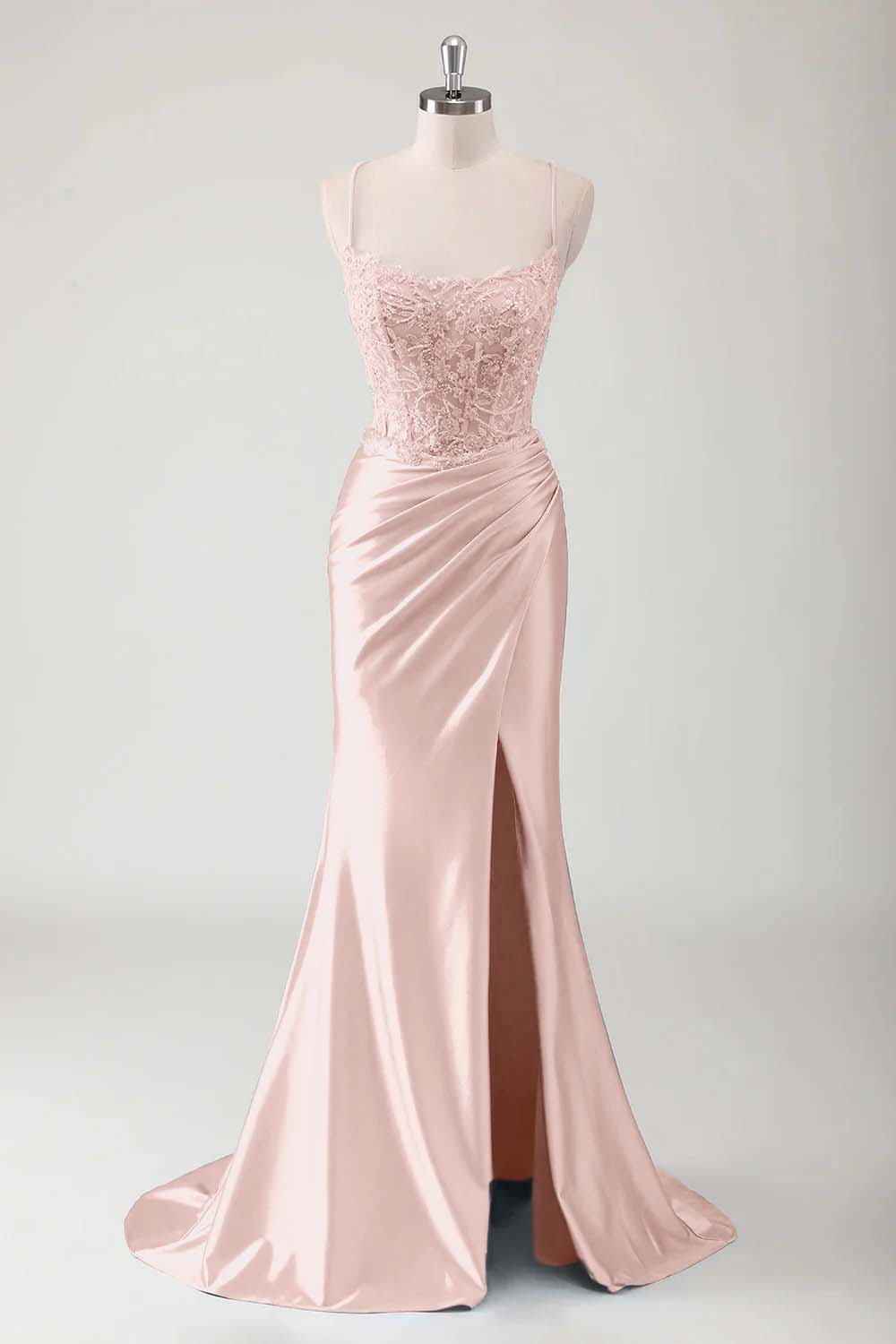 Spaghetti Strap Sleeveless Long High Split Prom Dress With Appliques BMBRIDE