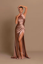 Mauve Halter Sleeveless Mermaid Prom Dress with High Slit BM bride