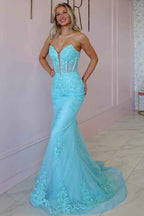 Tulle Strapless Sleeveless Long Mermaid Prom Dress With Appliques