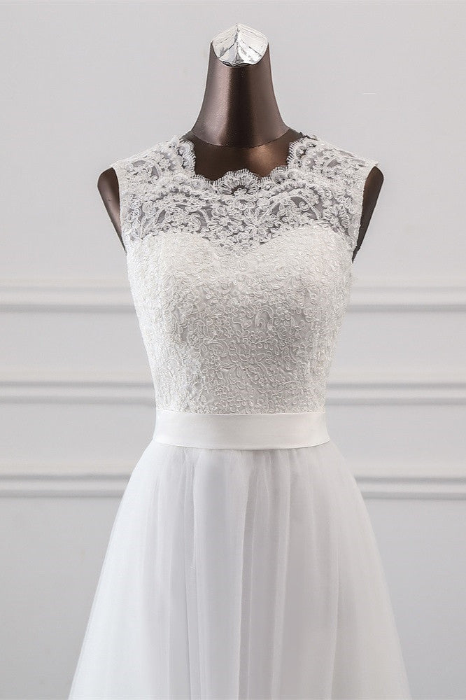 Jewel Neck A-Line Tulle Wedding Dress with Lace Appliques BM bride
