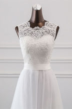 Jewel Neck A-Line Tulle Wedding Dress with Lace Appliques BM bride