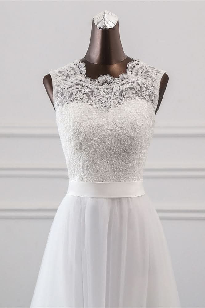 Jewel Neck A-Line Tulle Wedding Dress with Lace Appliques BM bride