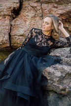 Vintage Black A-Line Long Sleeves Wedding Dress With Ruffles Appliques Lace Tulle BM bride