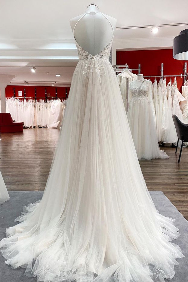 Halter Sleeveless A-Line Wedding Dress with Open Back, Lace, and Tulle BM bride