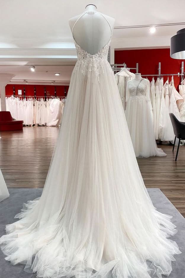 Halter Sleeveless A-Line Wedding Dress with Open Back, Lace, and Tulle BM bride