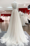 Halter Sleeveless A-Line Wedding Dress with Open Back, Lace, and Tulle BM bride