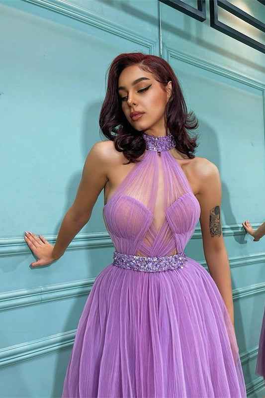 Lilac Tulle High Jewel Neck Sleeveless A Line Short Prom Dress With Belt