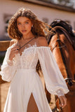 White Long Sleeve Wedding Dress with Lace and Split BM bride