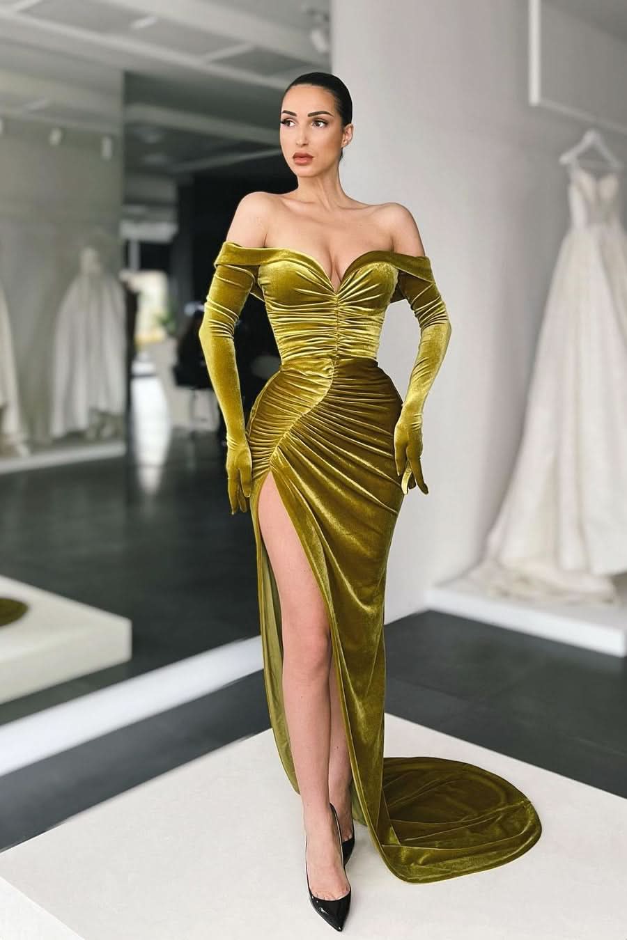 Long Sleeves Mermaid Prom Dress with Split BM bride