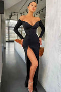 Black Sweetheart Long Sleeves Evening Dress With Front Split Off the Shoulder