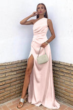 Glamorous Royal Blue One Shoulder Sleeveless Prom Dress with Slit BM bride