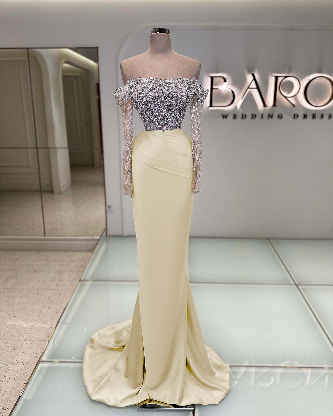 Off the Shoulder Long Sleeves Long Mermaid Prom Dress With Beading BMBRIDE