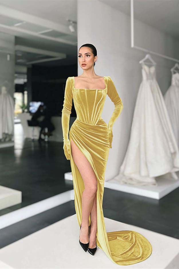 Stunning Square Neck Long Sleeves Pleated Long Prom Dress With Side Split BMBRIDE