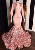 Pink Long Sleeve V-Neck Mermaid Prom Dress with Floral Bottom BM bride