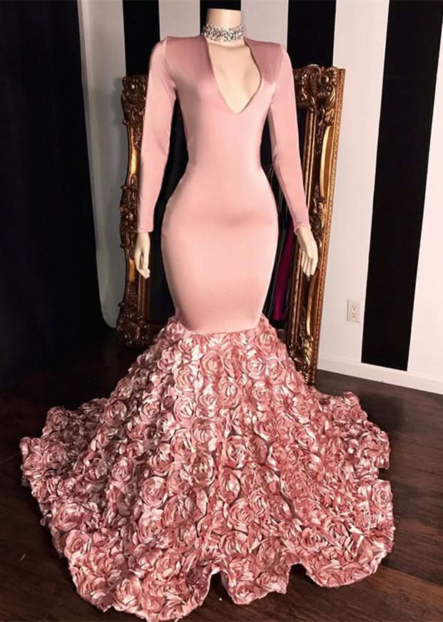 Pink Long Sleeve V-Neck Mermaid Prom Dress with Floral Bottom BM bride