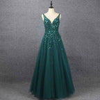 Emerald V Neck Floor Length Prom Dress A Line Sleeveless With Appliques