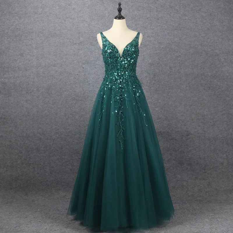Emerald V Neck Floor Length Prom Dress A Line Sleeveless With Appliques