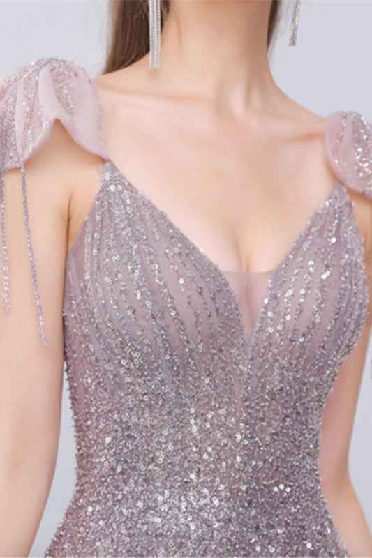 Elegant Pink And Grey A Line Prom Dress With Sequins Sleeveless