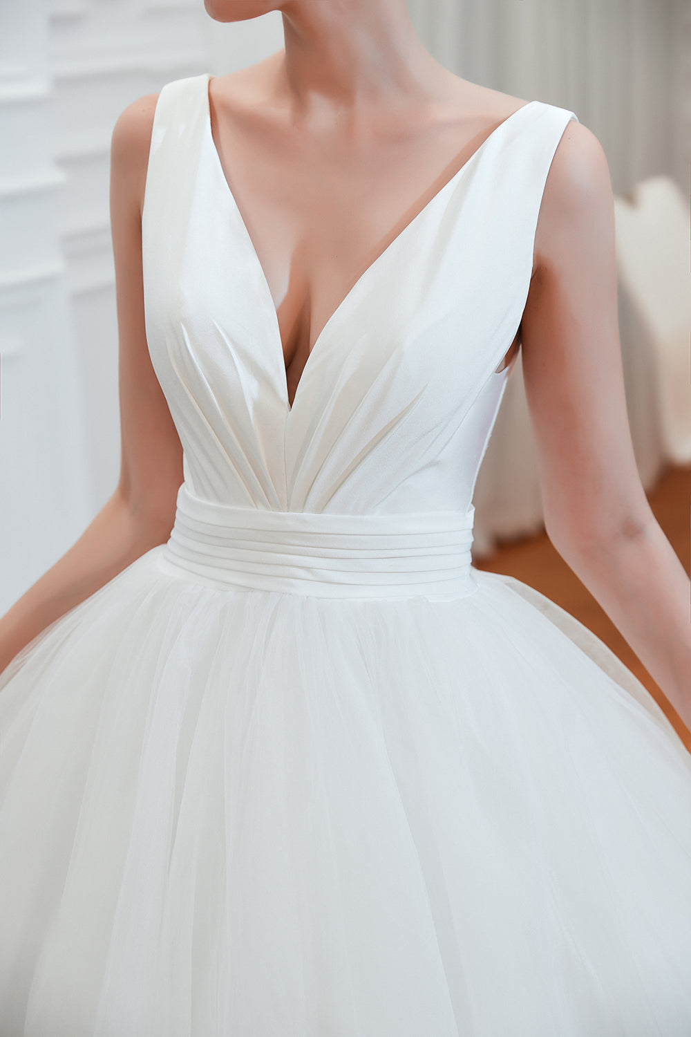 Wide Strap Deep V-Neck Floor-Length A-Line Wedding Dress with Tulle BM bride