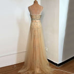 Champagne Sequined Mesh Prom Dress with Sleeveless A-Line Backless Style BM bride