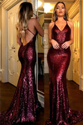 Burgundy Backless Sequin Evening Dress BM bride