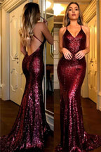 Burgundy Sequins Halter Sleeveless V Neck Backless Prom Dress