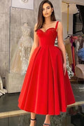 Red Sweetheart Tea-length Evening Dress with Straps and Appliques BM bride
