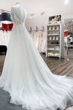 V-Neck Sleeveless Long A-Line Wedding Dress with Sequins, Ruffles, and Open Back Tulle BM bride