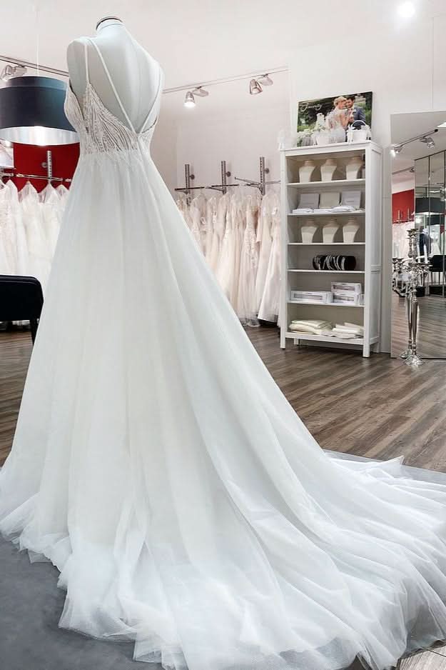 V-Neck Sleeveless Long A-Line Wedding Dress with Sequins, Ruffles, and Open Back Tulle BM bride