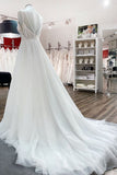 V-Neck Sleeveless Long A-Line Wedding Dress with Sequins, Ruffles, and Open Back Tulle BM bride