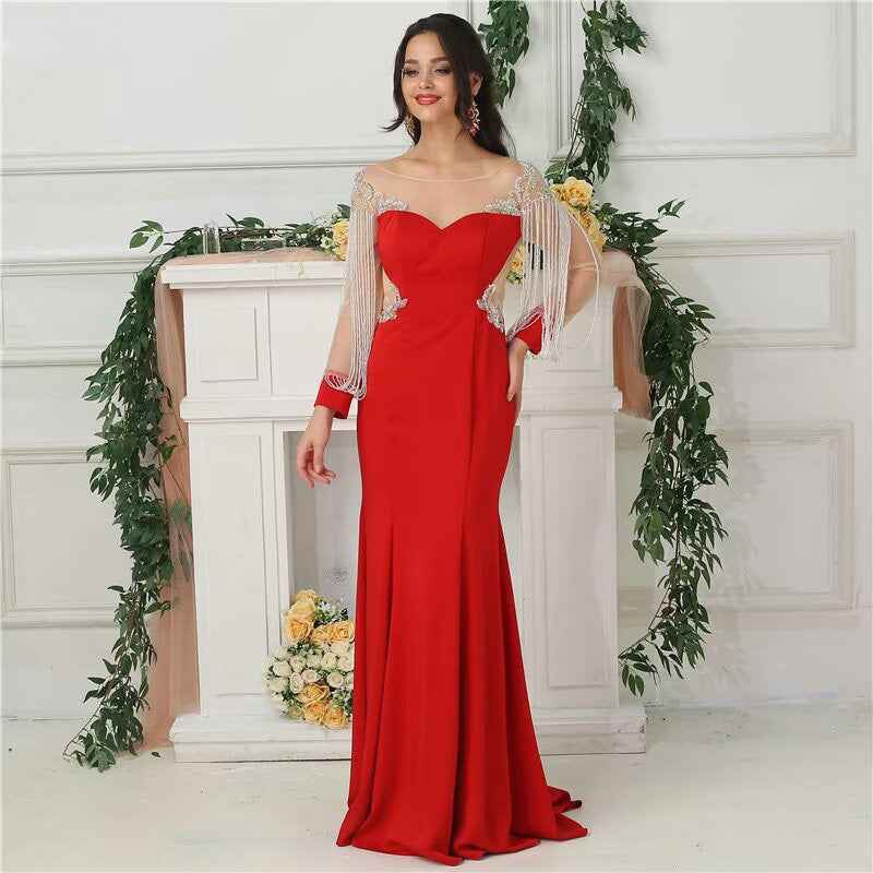 Charming Sweetheart Red Bead Embroidery Tassels Applique Long Prom Dress