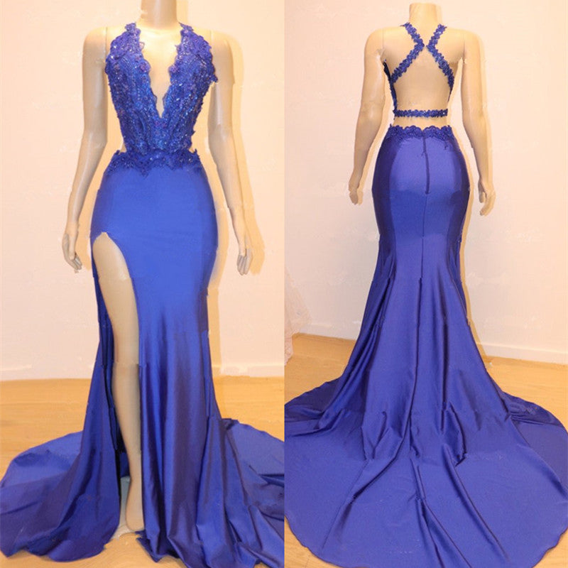 Blue Halter Mermaid Long Prom Dress with Split and Lace Appliques BM bride