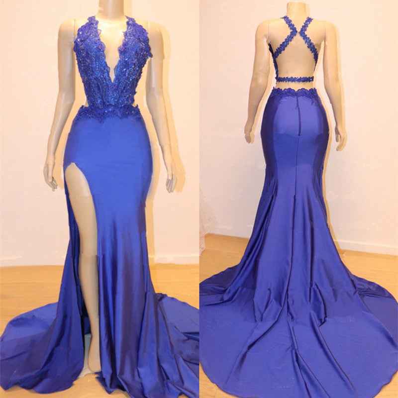 Mermaid Halter Blue Long Prom Dress Sleeveless Split With Lace Appliques