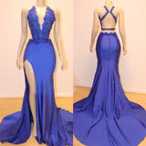 Blue Halter Mermaid Long Prom Dress with Split and Lace Appliques BM bride
