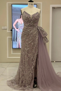 Strapless Sleeveless Beadings Tulle Pleated Long Prom Dress With Split