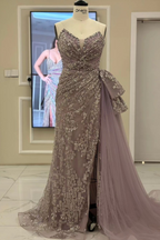 Strapless Sleeveless Beadings Tulle Pleated Long Prom Dress With Split