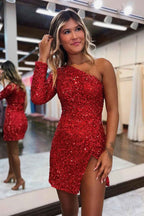 Sparkly Red One Shoulder One Sleeve Sequins Homecoming Dress with Slit Bmbride