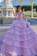 Lilac Ball Gown Evening Dress Sleeveless with Tulle Layered and Beads BM bride