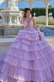 Lilac Ball Gown Evening Dress Sleeveless with Tulle Layered and Beads BM bride