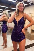 Sparkly Purple Sequins Backless Tight Short Homecoming Dress with Slit Bmbride