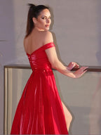 Red Off-the-Shoulder Long Evening Dress with Split BM bride