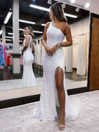 Fashionable Mermaid One-Shoulder Sequins Prom Dress with Tassels BM bride