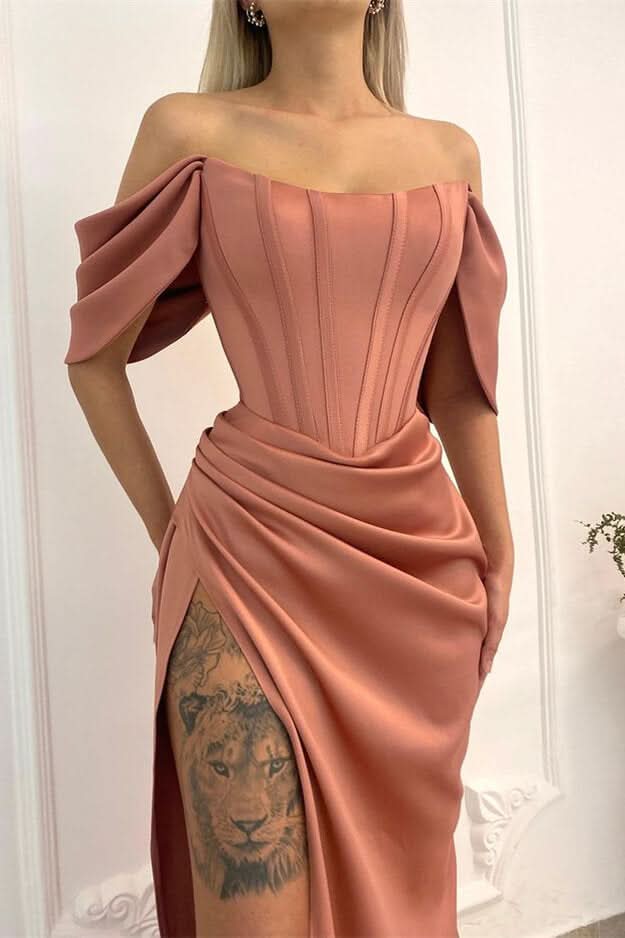 Off-the-Shoulder Long Mermaid Prom Dress with Split BM bride