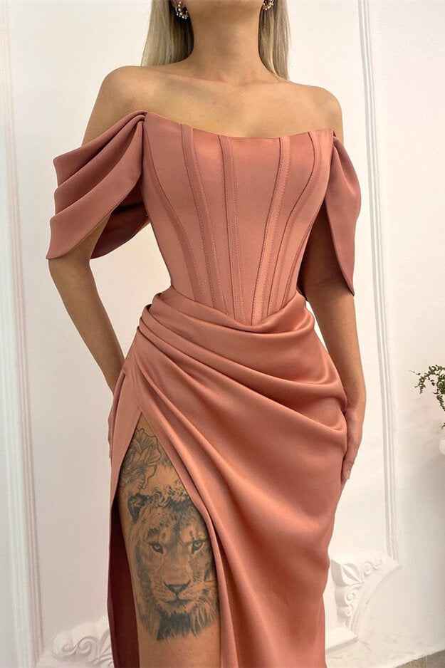 Chic Mermaid Sleeveless Off the Shoulder Long Pleated Prom Dress With Split