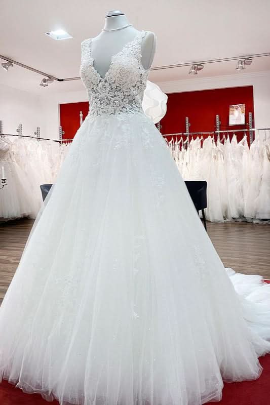 Eye-catching Long A-line Wedding Dresses With White Ruffles Tulle Lace BM bride