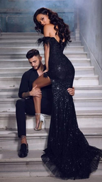 Shiny Off the Shoulder High Split Prom Dress Sequins With Feathers