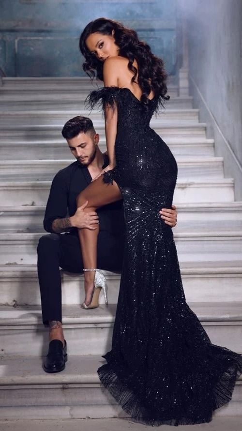Shiny Off the Shoulder High Split Prom Dress Sequins With Feathers
